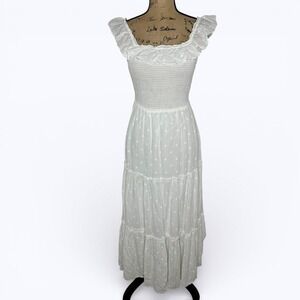 Old Navy White Eyelet Smocked Maxi Dress‎ Ruffled Beachy Cottage Peasant XS